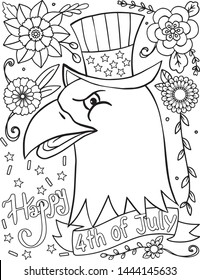 Hand drawn. Doodles art with flower element for Independence Day or Cards. Coloring for adult and kids. Vector Illustration.