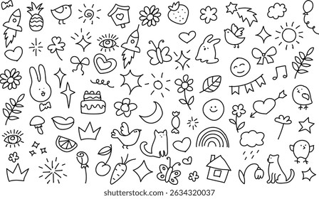 Children’s hand drawn doodles background. Cute ink sketch vector with rainbow, heart, butterfly, flower, bird, sun, stars. Fun kids style illustration for nursery, school, baby design.