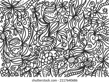 Hand drawn doodles background. Decoration for wine and drink designs. Cheerful and dynamic background. Line vector illustration.