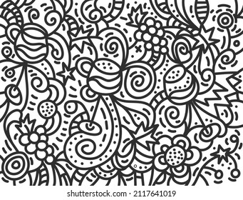 Hand drawn doodles background. Decoration for wine and drink designs. Cheerful and dynamic background. Line vector illustration.
