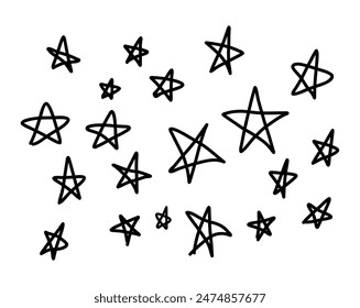 Hand drawn doodles of black stars of different sizes on an isolated white background, creating a whimsical pattern. The concept of adding charm and magic to various creative projects