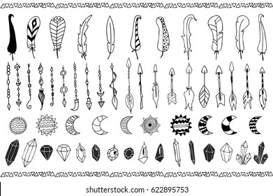 Hand Drawn Doodles Boho, Tribal Design Elements With Feathers, Arrows, Moon And Sun, Crystals. Native Vector Sketched Set