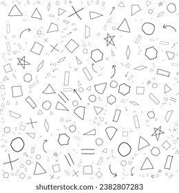 hand drawn doodles by children containing triangles, squares, rectangles, trapezoids, rhombuses, circles, arrows, equal signs, stars, hexagons, lines