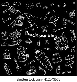 Hand drawn doodles of camping gear. White elements on black background.