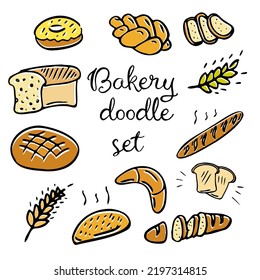 Hand drawn doodles cartoon bread and baguette, croissant and buns. Bread set. Vector illustration. Sketch elements collection.