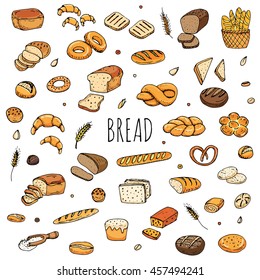 Hand drawn doodles of cartoon food: rye bread, whole grain bread, bagel, sliced bread, french baguette, croissant, sandwich, cake. Bread set. Vector illustration. Sketch elements collection.