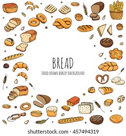 Hand drawn doodles of cartoon food: rye bread, whole grain bread, bagel, sliced bread, french baguette, croissant, sandwich, cake. Bread set. Vector illustration. Sketch elements collection.