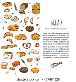 Hand drawn doodles of cartoon food: rye bread, whole grain bread, bagel, sliced bread, french baguette, croissant, sandwich, cake. Bread set. Vector illustration. Sketch elements collection.