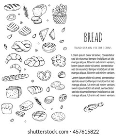 Hand drawn doodles of cartoon food: rye bread, whole grain bread, bagel, sliced bread, french baguette, croissant, sandwich, cake. Bread set. Vector illustration. Sketch elements collection.