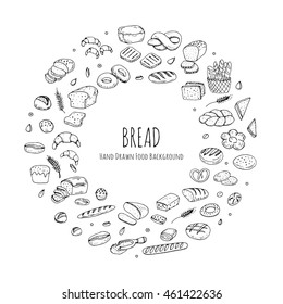 Hand drawn doodles of cartoon food: rye bread, ciabatta, whole grain bread, bagel, sliced bread, french baguette, croissant, sandwich, cake. Bread set. Vector illustration. Sketch elements collection.