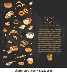 Hand drawn doodles of cartoon food: rye bread, ciabatta, whole grain bread, bagel, sliced bread, french baguette, croissant, sandwich, cake. Bread set. Vector illustration. Sketch elements collection.