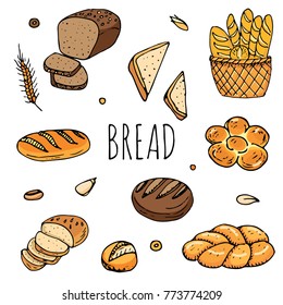 Hand drawn doodles of cartoon food: rye bread, ciabatta, whole grain bread, bagel, sliced bread, french baguette, croissant, sandwich, cake. Bread set. Vector illustration. Sketch elements collection.