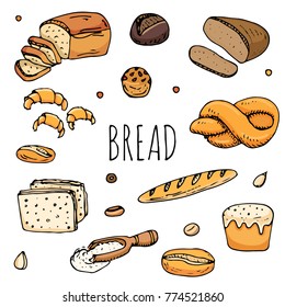 Hand drawn doodles of cartoon food: rye bread, ciabatta, whole grain bread, bagel, sliced bread, french baguette, croissant, sandwich, cake. Bread set. Vector illustration. Sketch elements collection.