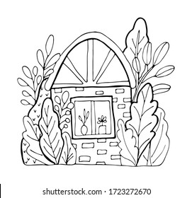 Hand drawn doodles cartoon house in the village. Black and white cute bulding line art vector illustration.