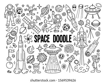 Hand drawn doodles cartoon set of space objects and symbols. Doodle space elements on white background. Vector illustration.