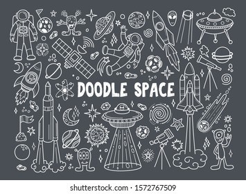 Hand drawn doodles cartoon set of space objects and symbols. Doodle vector elements on gray background. Vector illustration.
