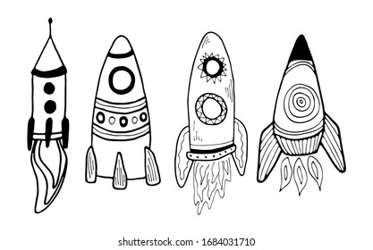 Hand drawn doodles cartoon set of space objects and symbols. Spaceship line art vector illustration.