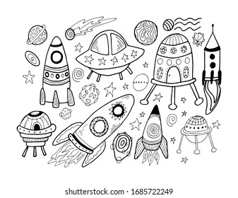 Hand drawn doodles cartoon set of space objects and symbols. Spaceship, planets and stars line art vector illustration.
