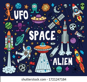 Hand drawn doodles cartoon set of space objects and symbols. Color doodle space elements on dark blue background. Vector illustration.