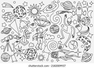 hand drawn doodles cartoon set of Space objects