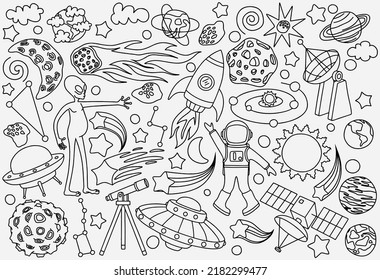 hand drawn doodles cartoon set of Space objects