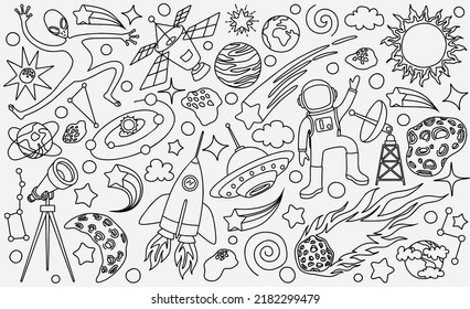 hand drawn doodles cartoon set of Space objects