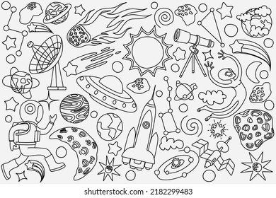 hand drawn doodles cartoon set of Space objects