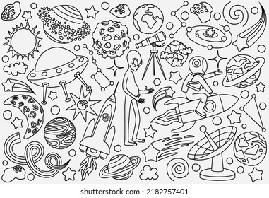hand drawn doodles cartoon set of Space objects