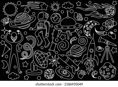 hand drawn doodles cartoon set of Space objects