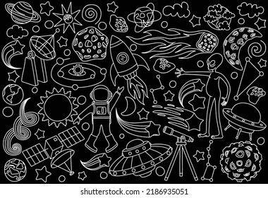 hand drawn doodles cartoon set of Space objects