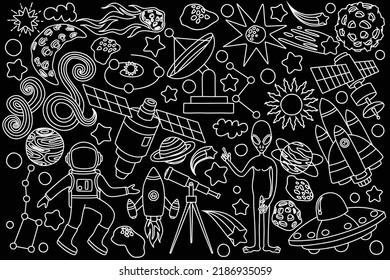 hand drawn doodles cartoon set of Space objects