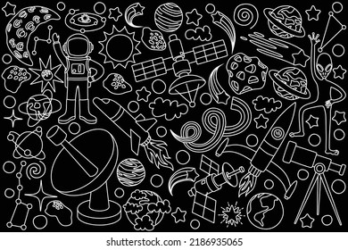 hand drawn doodles cartoon set of Space objects