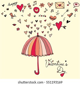 Hand drawn doodles cartoon set of Love and Valentine's Day objects and symbols. Vector illustration