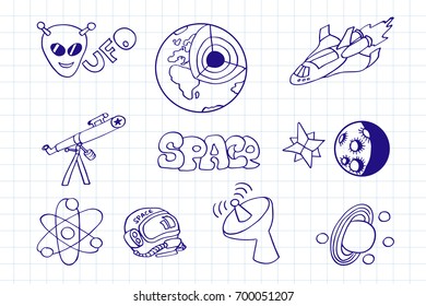 Hand drawn doodles cartoon set of space objects, icons and symbols isolated on notebook page. Retro vector illustration.