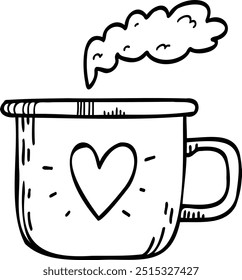 Hand drawn doodles, coffee cup, tea cup, mug with heart. Chocolate, hot drink, warming. Vector illustration, doodle