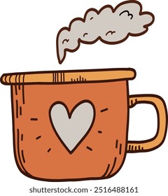 Hand drawn doodles, coffee cup, tea cup, mug with heart. Chocolate, hot drink, warming. Vector illustration, doodle