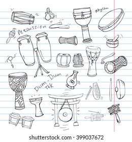 Hand drawn doodles collection of different kinds of African, Indian, Brazilian and Oriental drums. 