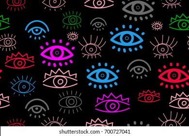 Hand drawn doodles collection eyes. Seamless pattern with eyes. Vector illustration
