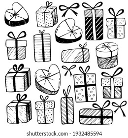 Hand drawn doodles  Collection simple images different gift boxes  Various gifts   bows 