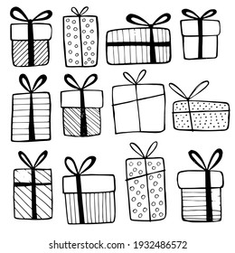 Hand drawn doodles  Collection simple images different gift boxes  Various gifts   bows 