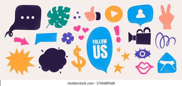 Hand drawn doodles collection for social media post. Colorful speech bubbles, text boxes, icons for articles and blogs. Design elements for blogging in cartoon flat style. Vector illustration.