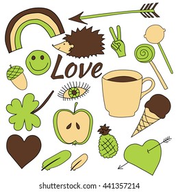 Hand drawn doodles collection vector illustration coffee cup, apple, ice cream, heart, arrow, rainbow, clover, love, acorn, lollipop candy, feather, hedgehog, pineapple isolated on white background.