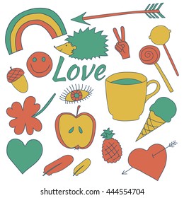 hand drawn doodles collection vector illustration coffee, apple, ice cream, heart, arrow, rainbow, clover, love, acorn, lollipop feather hedgehog pineapple isolated on white background