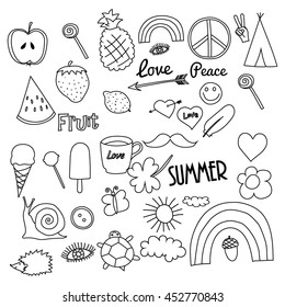 Hand drawn doodles collection vector illustration of coffee cup, apple, ice cream, heart, arrow, rainbow, clover, feather, ets. isolated on white background