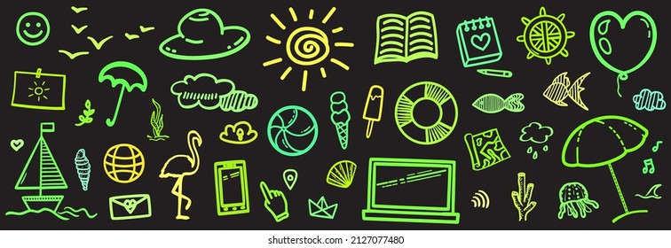 Hand drawn doodles. Colored neon holiday elements on isolated black background. Sketchy doodle. Summer relax. Signs and symbols