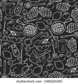 Hand drawn doodles of Cook concept. Poster with hand drawn kitchen utensils. seamless