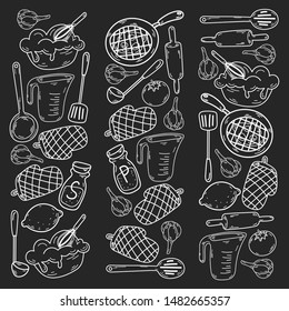 Hand drawn doodles of Cook concept. Poster with hand drawn kitchen utensils.