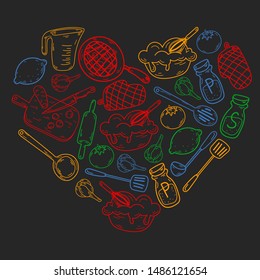 Hand drawn doodles of Cook concept. Poster with hand drawn kitchen utensils.