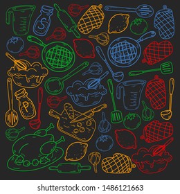 Hand drawn doodles of Cook concept. Poster with hand drawn kitchen utensils.