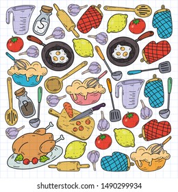 Hand drawn doodles of Cook concept. Poster with hand drawn kitchen utensils.
